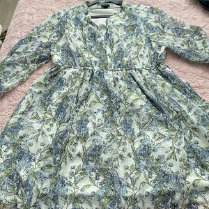 Floral Long Sleeve Tiered Midi Dress with pockets - Blue & Green Print